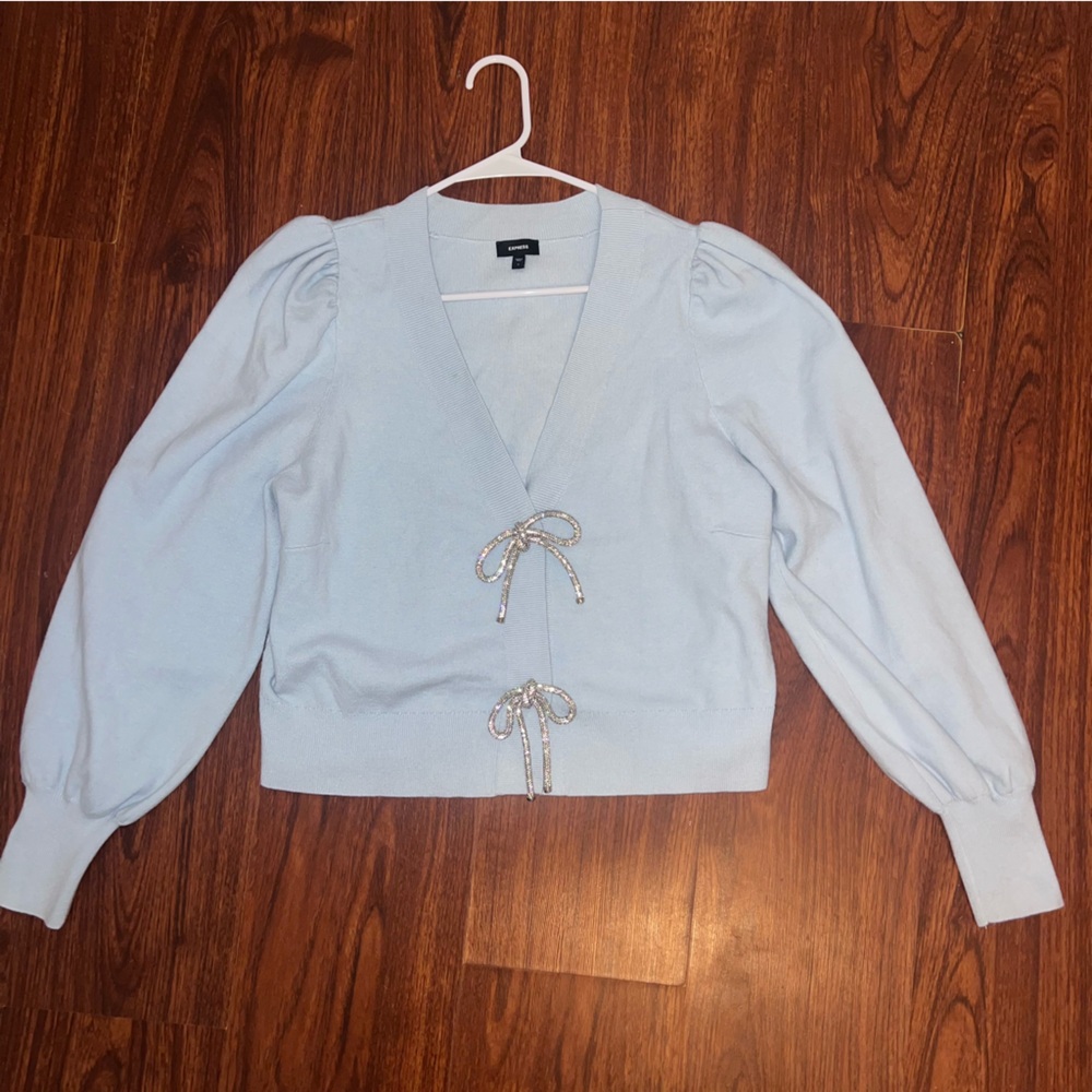 EXPRESS V-Neck Embellished Bow Cardigan - Light Blue SOLD OUT ONLINE Large - Picture 3 of 8